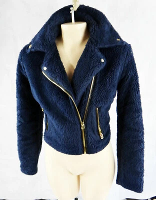 TRUE Religion Faux vegan FUR biker moto jacket blue medium navy gold zipper girl - Image 1 of 4