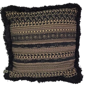 Borgata Tapestry Accent Throw Pillow Black Gold Brown Paisley Fringe 16 X 16” - Picture 1 of 8