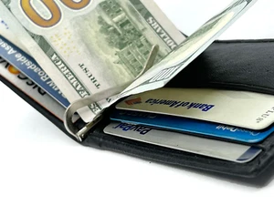 RFID Blocking Leather Slim Men's Metal Money Clip ID Badge Credit Card Card Hold - Picture 1 of 13