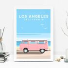 Los Angeles Art Print, California Travel Poster, Pink Camper Van Illustration
