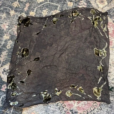 Vintage Ralph Lauren Grey & Green Silk Blend Burnout Floral Sheer Square Scarf - Image 1 of 3