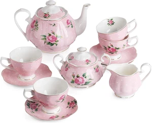 Btat - Set da tè floreali per adulti, 13 pezzi, servizio per 4, pentola (38 oz) e tazze (8 O - Foto 1 di 12