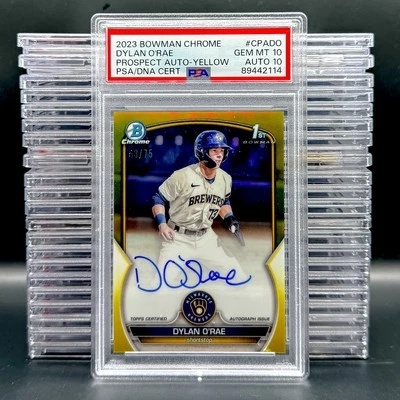 2023 Bowman Dylan O'Rae Chrome Prospect Autographs Yellow Ref PSA 10 #/75 - Image 1 of 2