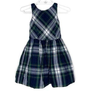 RALPH LAUREN Girls Green Tartan Plaid Fit Flare Dress Cotton Holiday Buttons - 5 - Picture 1 of 7