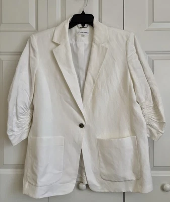 CALVIN KLEIN 女式西装外套 16W 码白色褶皱袖亚麻混纺一个纽扣 — 第 1/4 张图片