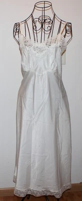 Vintage White Full Slip Lady Lynne All Nylon Satin Lace Floral Applique M/L - Image 1 of 4