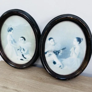vintage pierrot clown ballerina framed picture oval wood 80s - Picture 1 of 17