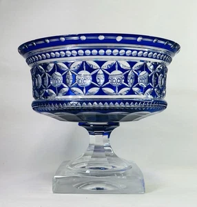 Antique Bohemian? Cobalt Blue Cut To Clear Glass Pedestal Bowl / Centrepiece - Picture 1 of 19