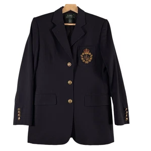 Vtg RALPH LAUREN Size 6 Blazer Womens Navy Worsted Wool Jacket 3D Crest 1990s - Picture 1 of 17