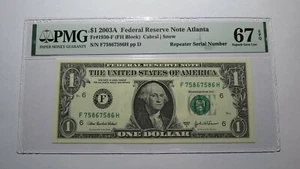 $1 2003 Repeater Serial Number Federal Reserve Currency Bank Note Bill PMG UNC67 - Picture 1 of 2