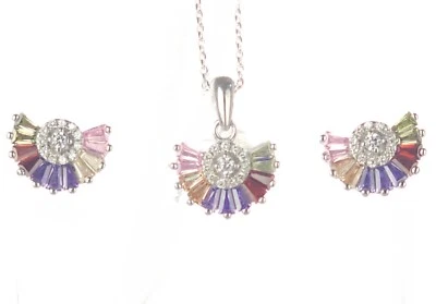 Solid 925 Silver Multicolor Crystal 18" Italy Necklace, Pendant & Earring Set - Image 1 of 4