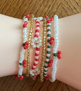 NEW Set Of 6 BOHO Cherries & Flowers Glass Seed Bead Bracelets - Picture 1 of 2