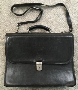 Bosca Saddle Messenger Bag Black Flapover Briefcase Doctor Lawyer HEAVY VINTAGE - Picture 1 of 24