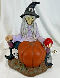 Vintage 1979 Scioto Ceramic Painted Witch w/ Pumpkin Skull Cat Halloween Light - Picture 1 of 9