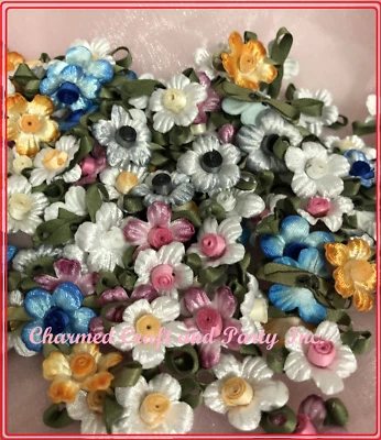 100 Polyester 5 Petals Flower 3/4" Applique Sewing Bow Craft Mix Color 1256C - Image 1 of 3