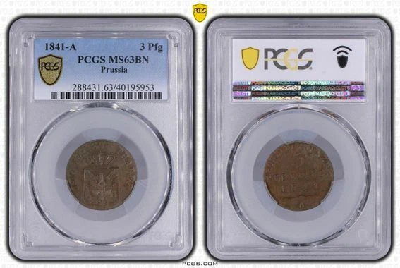 German States Prussia Wilhelm 3 Pfennig 1841 A  PCGS MS63BN the only grading  - Image 1 of 1