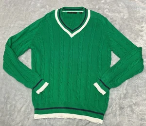 John Ashford Green Cable Knit Cricket Sweater V-Neck 100% Cotton Medium - Picture 1 of 7