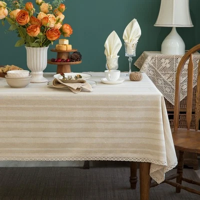 Linen Textured Rectangle/Oblong Tablecloth with Lace Trim Yarn-dyed Golden Pu... - Image 1 of 4