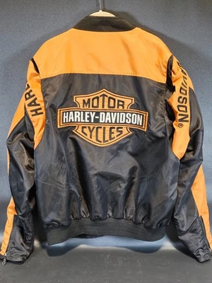 复古 Harley Davidson 橙色/黑色轰炸机夹克尼龙网眼衬里男式 L 码 — 第 1/4 张图片