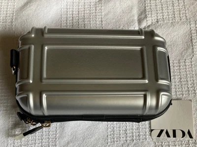 Zara Rigid Crossbody Hard Shell Purse Bag SILVER GREY BLACK STRAP - Image 1 of 4