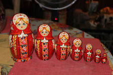 Soviet Russian Nesting Dolls 7 Piece Set Red Colors Painted Wood 