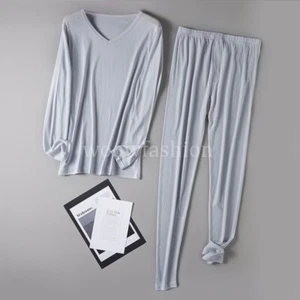 Men Mulberry Silk V Neck Long Johns Thermal Underwear Base Layer Pajama Set - Picture 1 of 16