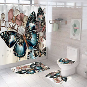 Butterfly Bathroom Rugs Shower Curtain Thick Non Slip Toilet Lid Cover Bath Mat