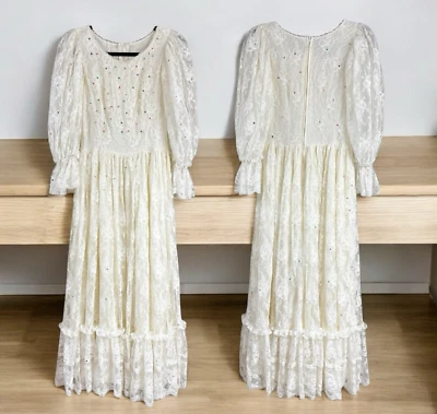 Vtg Susan Lanes Country Elegance Ivory Lace Event Dress 10 Sequin Accents 70's - Image 1 of 4