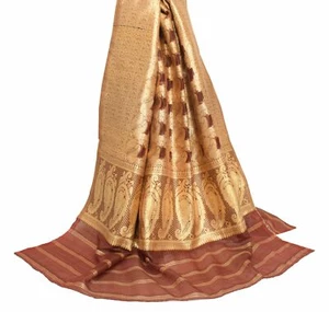 Sushila Vintage Brown Scrap Dupatta Zari Brocade Art Silk Paisley Long Stole - Picture 1 of 13