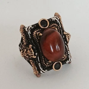Large Men's Vintage Gilt S.Silver 925 Tiger's Eye Cabochon Ring Artwork Handmade - Picture 1 of 21