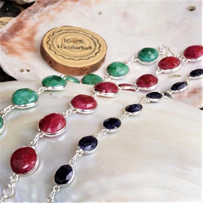 Schlicht 925er Silber Armband 18 - 21 cm Rubin Rot Smaragd Grün Saphir Blau Rund - Bild 1 von 3