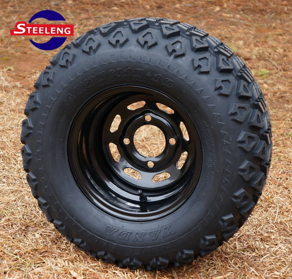 GOLF CART 10"x7" BLACK STEEL WHEELS and 20"x10"-10" ALL TERRAIN TIRES (4)  - Image 1 of 3