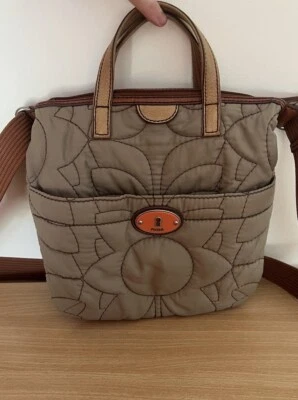 Fossil Key-Per Tan Beige Quilted Floral Nylon and Leather Crossbody Bag - Image 1 of 4