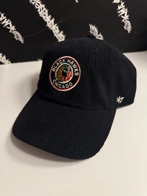 NWT '47 Brand Chicago Blackhawks Retro Logo Corduroy Black Clean Up Strap Hat - Image 1 of 2