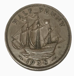1938 Great Britain Half Penny World Coin George VI KM# 844 Lot B7-313 - Picture 1 of 6