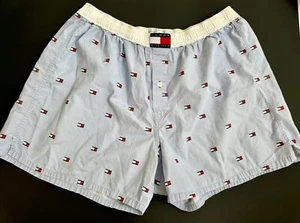 Tommy Hilfiger Boxer Shorts XL Flag Button Fly All Over Print Y2K Baby Blue Pjs - Picture 1 of 5