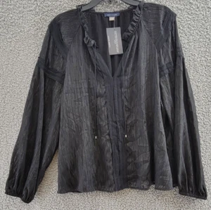 Tommy Hilfiger Plus Size Split-Neck Shimmer Blouse Womens L Black Semi Sheer L/S - Picture 1 of 15