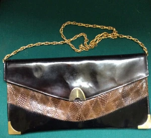 Black Real Patent Leather Brown Snake Skin Vintage 50’s Shoulder Bag Peter Alan - Picture 1 of 12