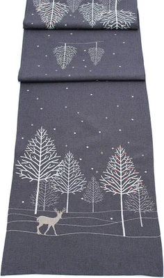 Peggy Wilkins Winter Woods Embroidered Christmas Table Runner Pewter - 14 x 75" - Image 1 of 3