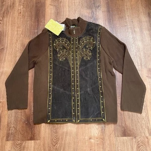Bob Mackie Wearable Art Mujer Chaqueta de Cuero Talla XL Western Marrón Vaquero NUEVO NUEVO CON ETIQUETAS - Imagen 1 de 14