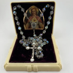 Vtg Eau De Lourdes Catholic Rosary Blessed Mother Clear Beads Color ITALY - Picture 1 of 9