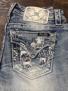 Miss Me Mid-Rise Jeans 26x21 Crop Embelished Flap Pockets Denim Y2K Bling ME8377 - Picture 1 of 16
