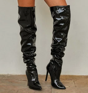 Frauen spitzen Zehe Lackleder über Knie Stiefel Reißverschluss hoch Heel Stilett - Bild 1 von 9