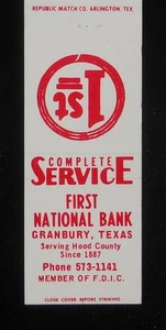 1970s First National Bank Since 1887 Granbury TX Hood Co Matchbook Texas - Bild 1 von 2