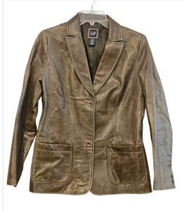 Vintage GAP Olive Green Genuine Leather Blazer Jacket Women's Size M - Picture 1 of 9