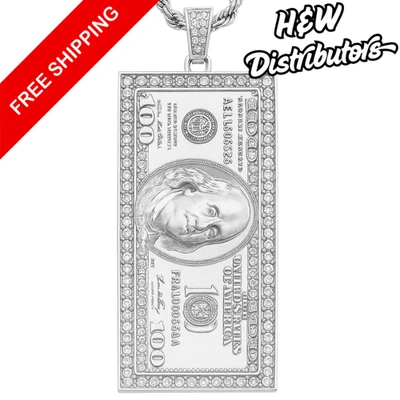 ✨ Silver Tone $100 Bill Pendant 💵 Bling Iced CZ Hip Hop Statement Jewelry Foto 1 de 3