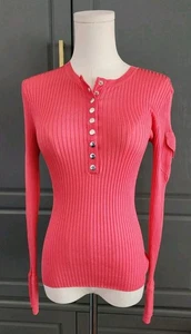 Maglione Henley Cache Y2K donna slim fit rayon nylon maglia taglia piccola manica a costine - Foto 1 di 5