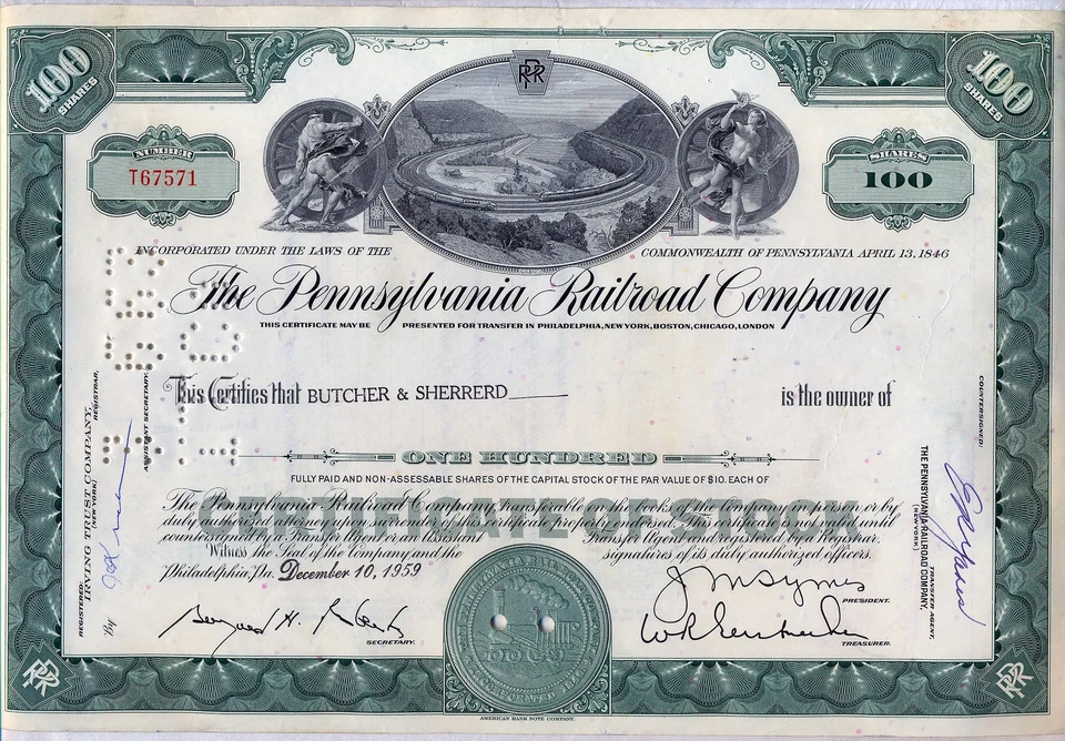 Certificado de acciones de Pennsylvania Railroad Company curva de herradura verde  Foto 1 de 1