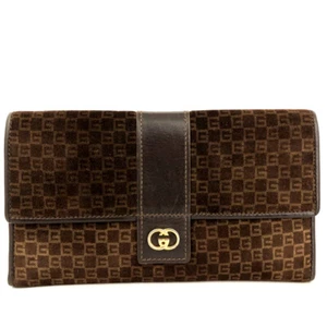 OLD GUCCI G Logo Suede Leather Long Trifold Wallet Brown/6BD0630 - Picture 1 of 8