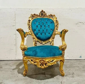 French Style Louis XVI Turquoise Velvet Armchair Chair with Gold Details - Picture 1 of 8